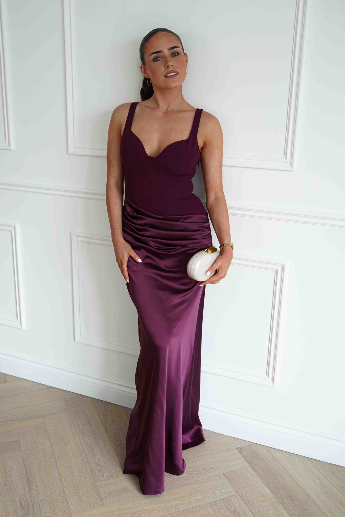 Rachel Structured Draped Maxi Dress | Plum-Oh Hello Clothing