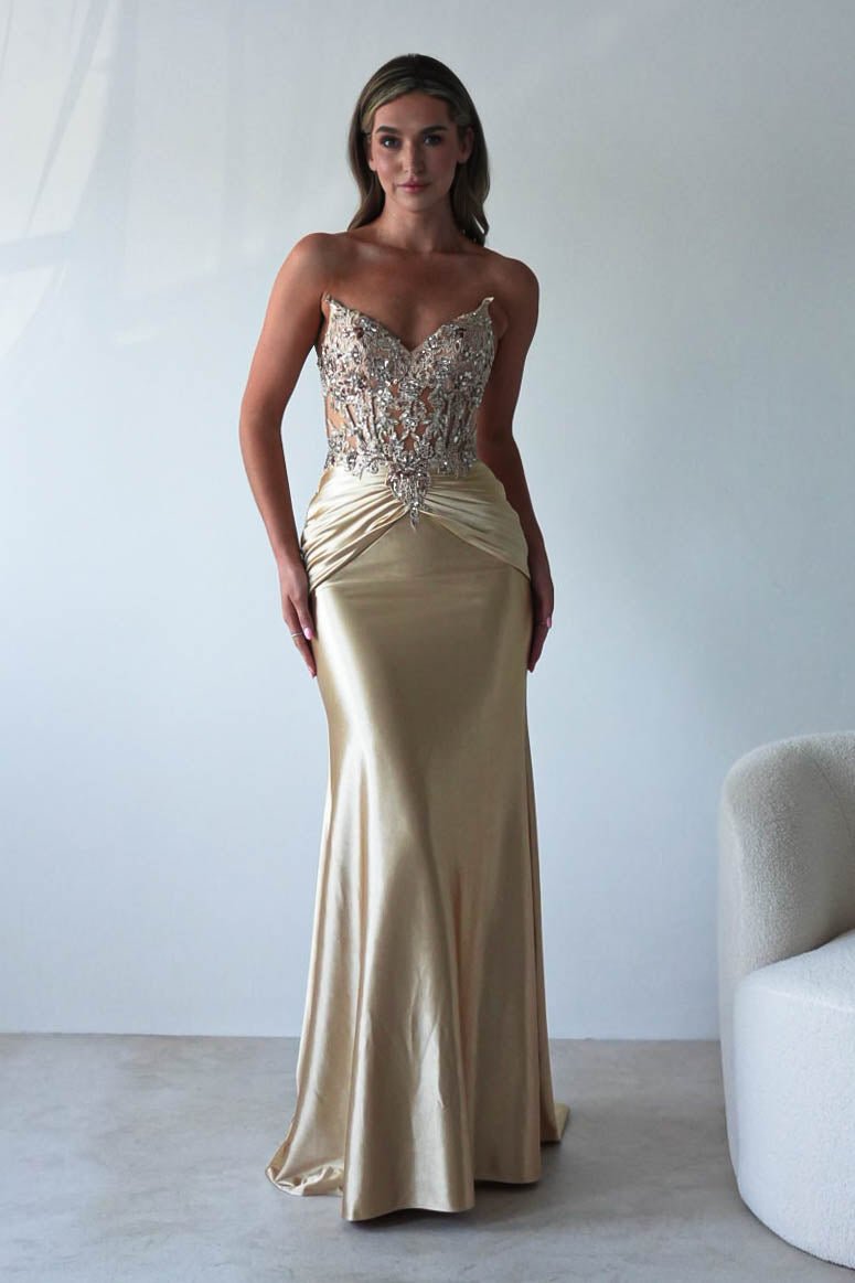 Raquel Bodycon Embellished Gown | Gold-Oh Hello Clothing