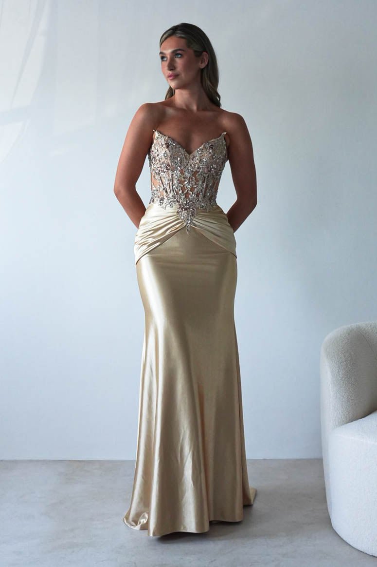 Raquel Bodycon Embellished Gown | Gold-Oh Hello Clothing
