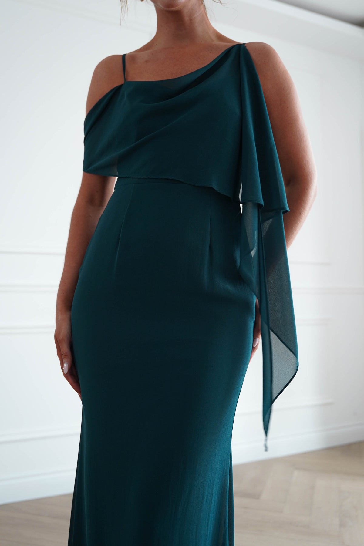 Raven One Shoulder Chiffon Maxi Dress | Teal Green-Oh Hello Clothing