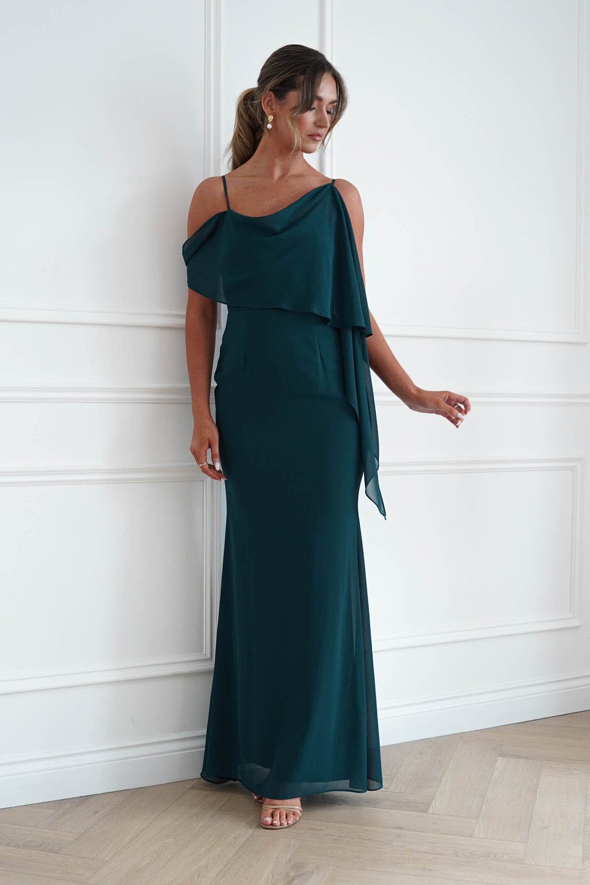 Raven One Shoulder Chiffon Maxi Dress | Teal Green-Oh Hello Clothing