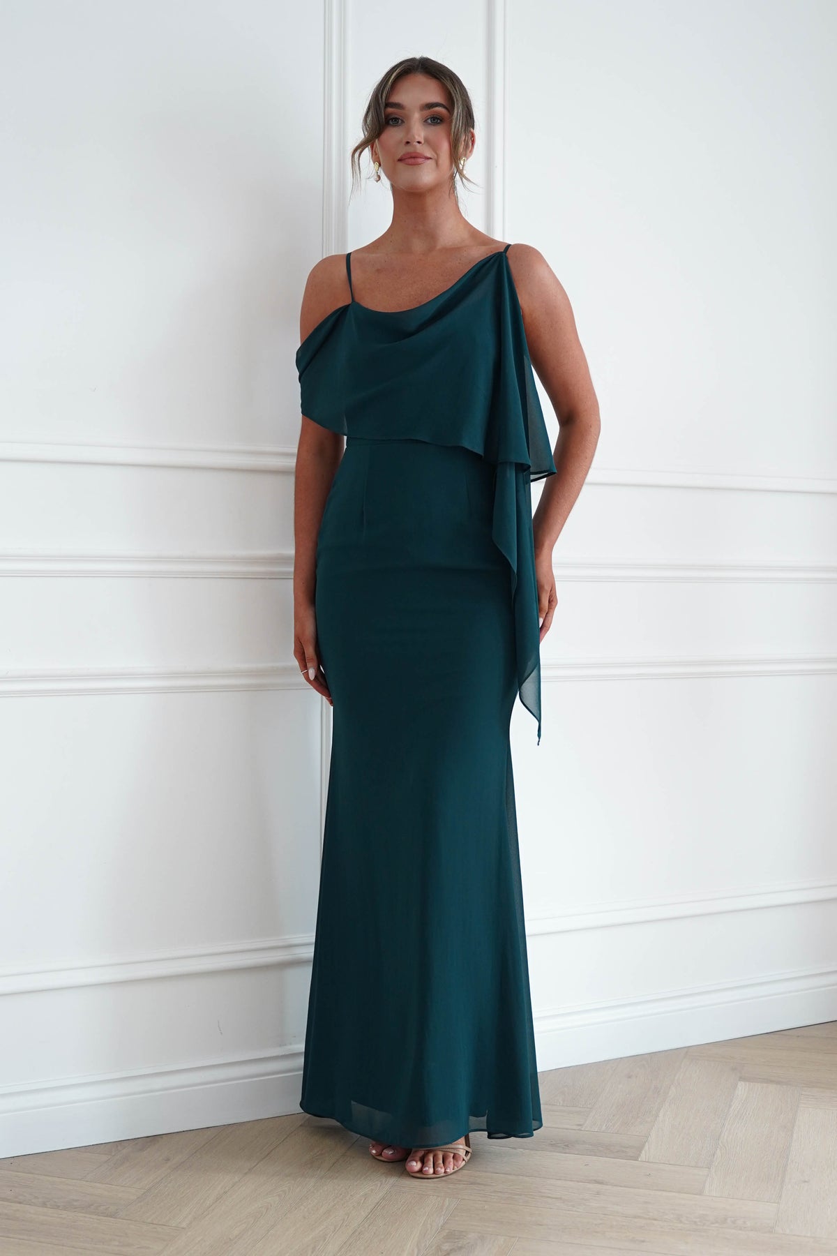 Raven One Shoulder Chiffon Maxi Dress | Teal Green-Oh Hello Clothing