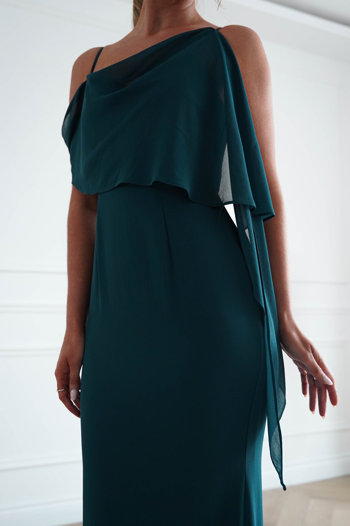 Raven One Shoulder Chiffon Maxi Dress | Teal Green-Oh Hello Clothing