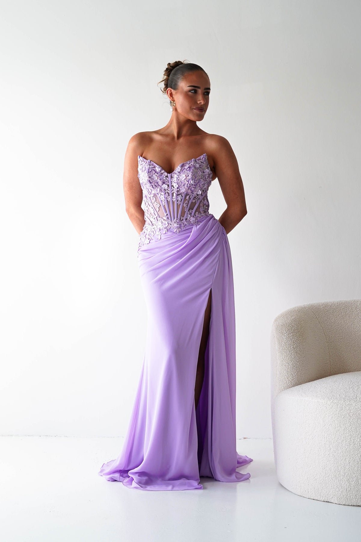 Ravina Strapless Lace Corset Maxi Gown | Lavender-Oh Hello Clothing