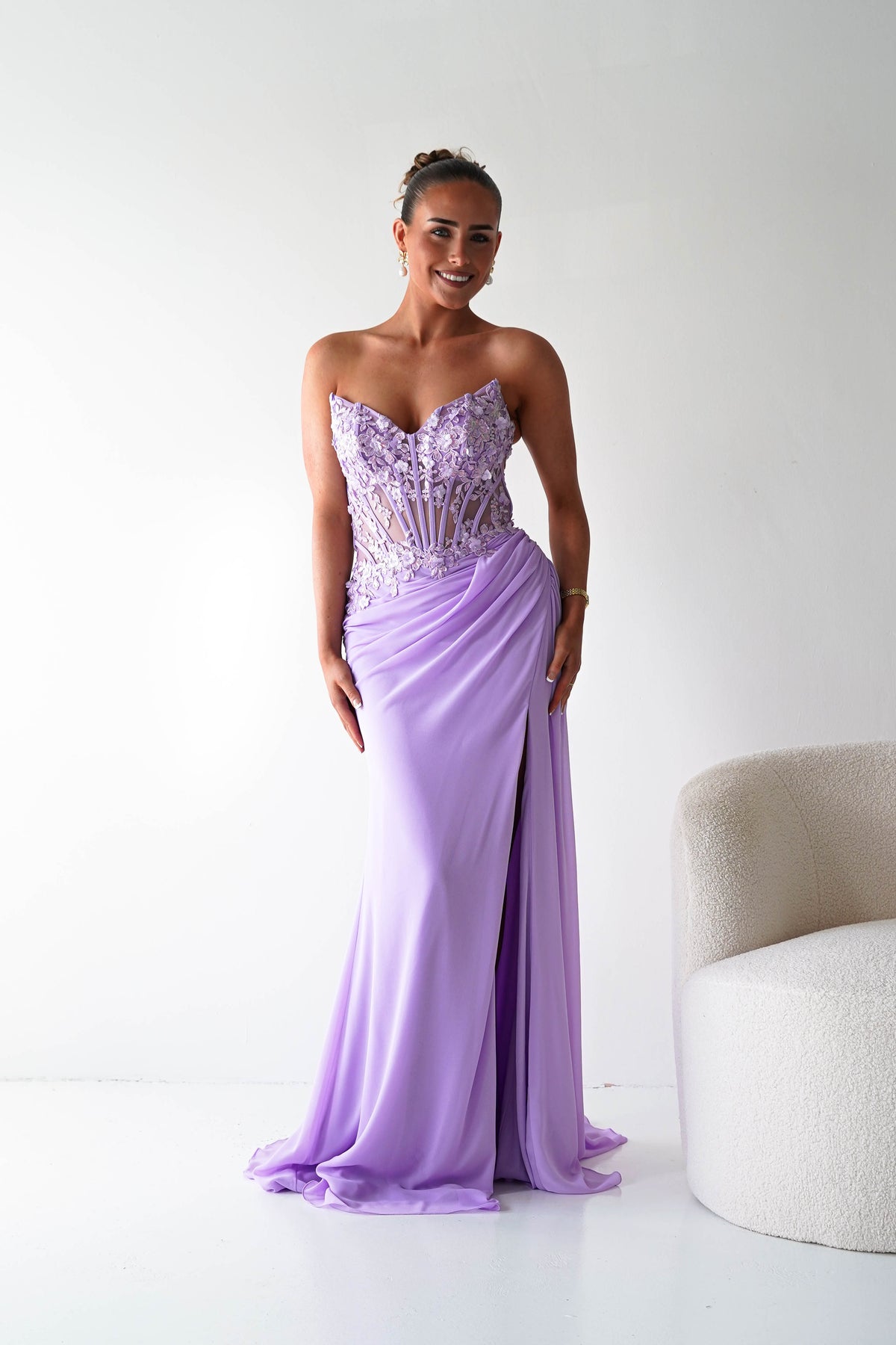 Ravina Strapless Lace Corset Maxi Gown | Lavender-Oh Hello Clothing