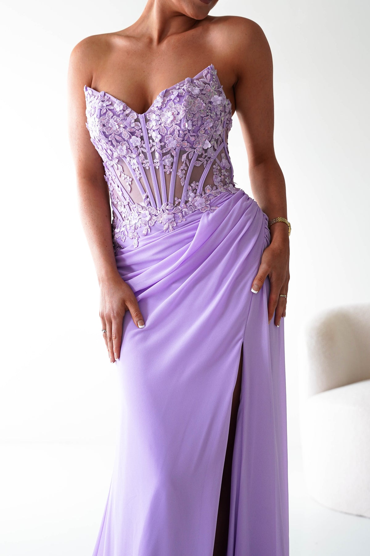 Ravina Strapless Lace Corset Maxi Gown | Lavender-Oh Hello Clothing