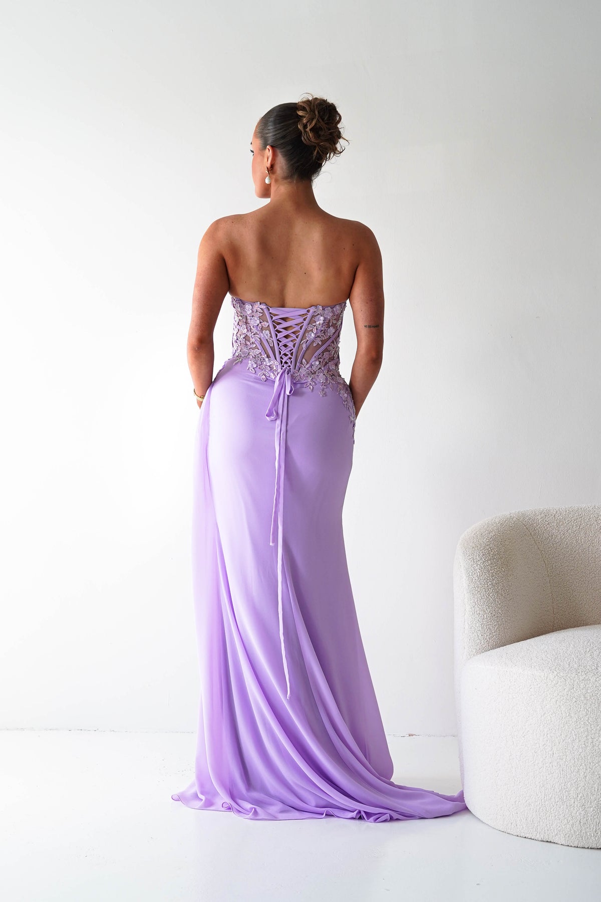 Ravina Strapless Lace Corset Maxi Gown | Lavender-Oh Hello Clothing