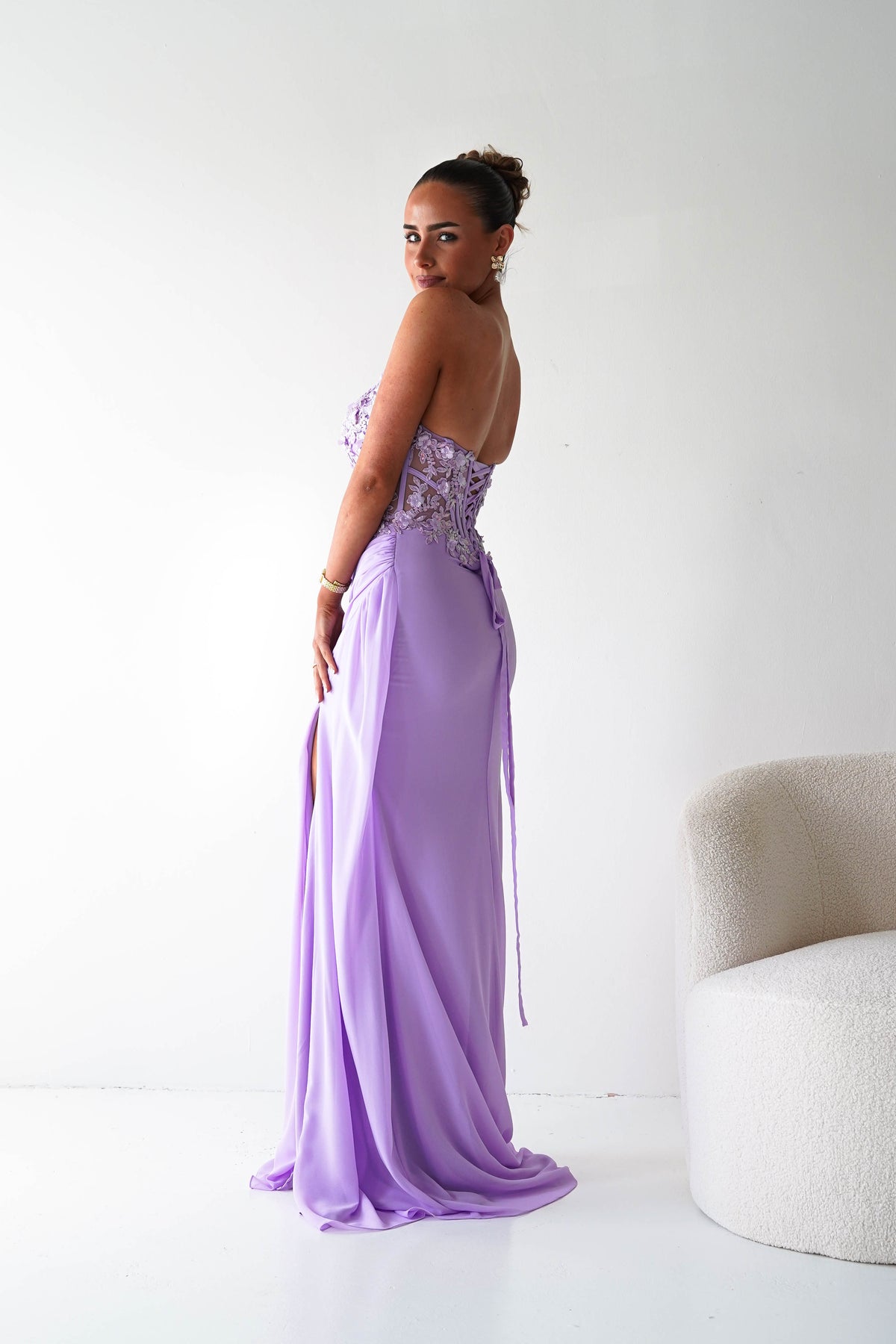 Ravina Strapless Lace Corset Maxi Gown | Lavender-Oh Hello Clothing