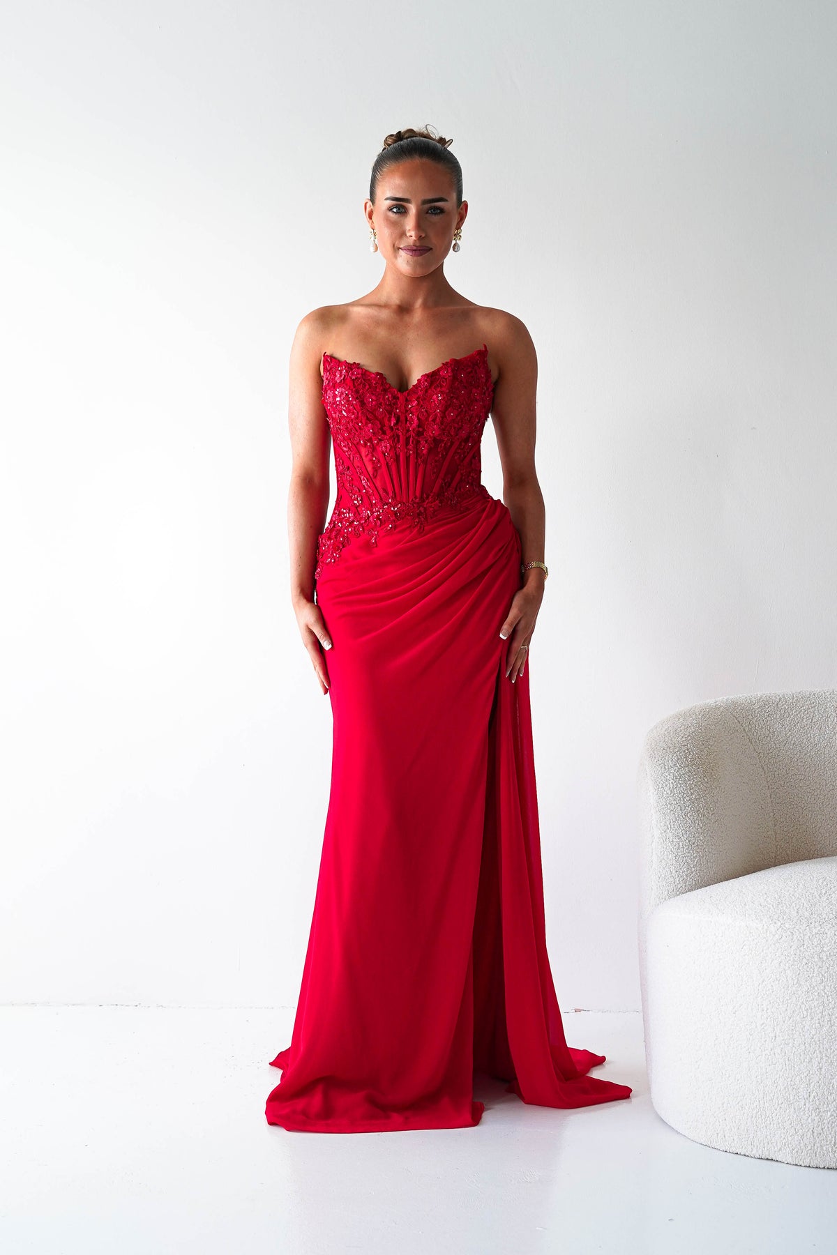Ravina Strapless Lace Corset Maxi Gown | Red-Oh Hello Clothing