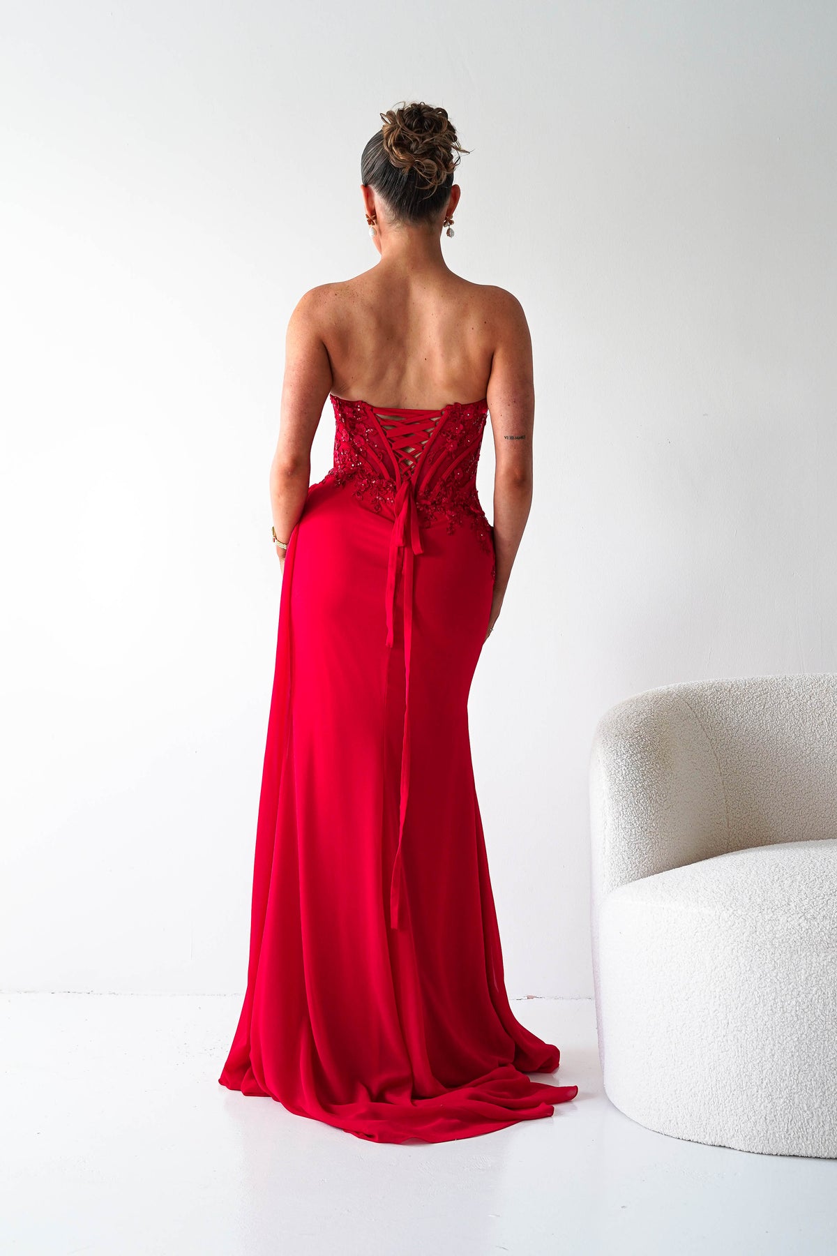 Ravina Strapless Lace Corset Maxi Gown | Red-Oh Hello Clothing