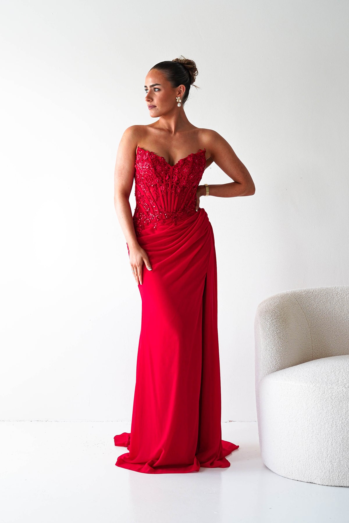 Ravina Strapless Lace Corset Maxi Gown | Red-Oh Hello Clothing