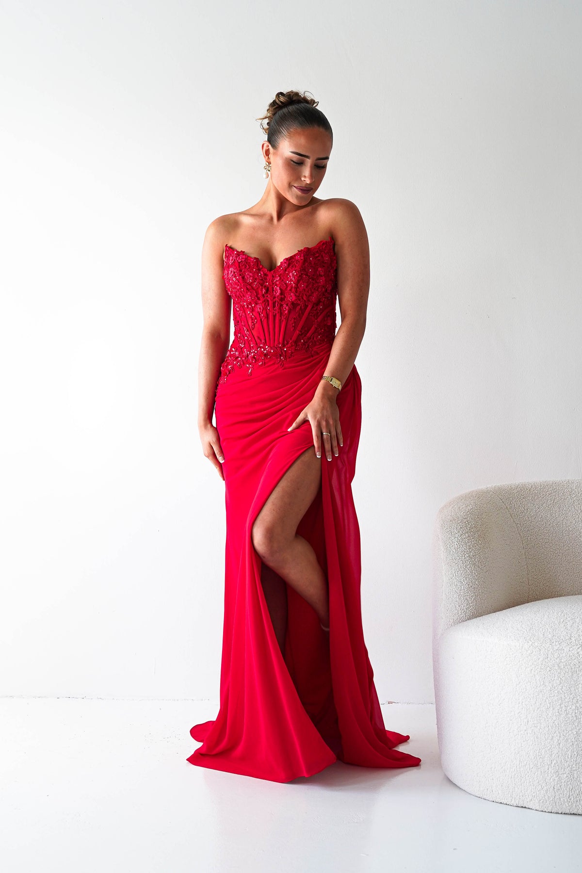 Ravina Strapless Lace Corset Maxi Gown | Red-Oh Hello Clothing
