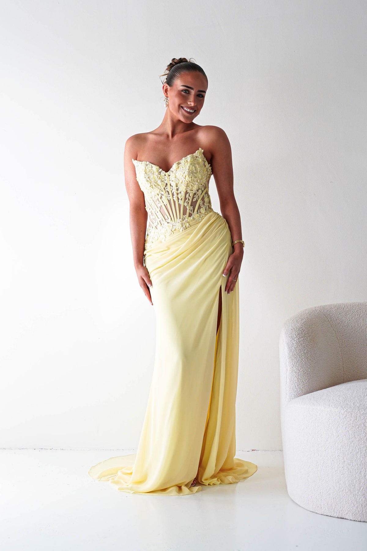 Ravina Strapless Lace Corset Maxi Gown | Yellow-Oh Hello Clothing