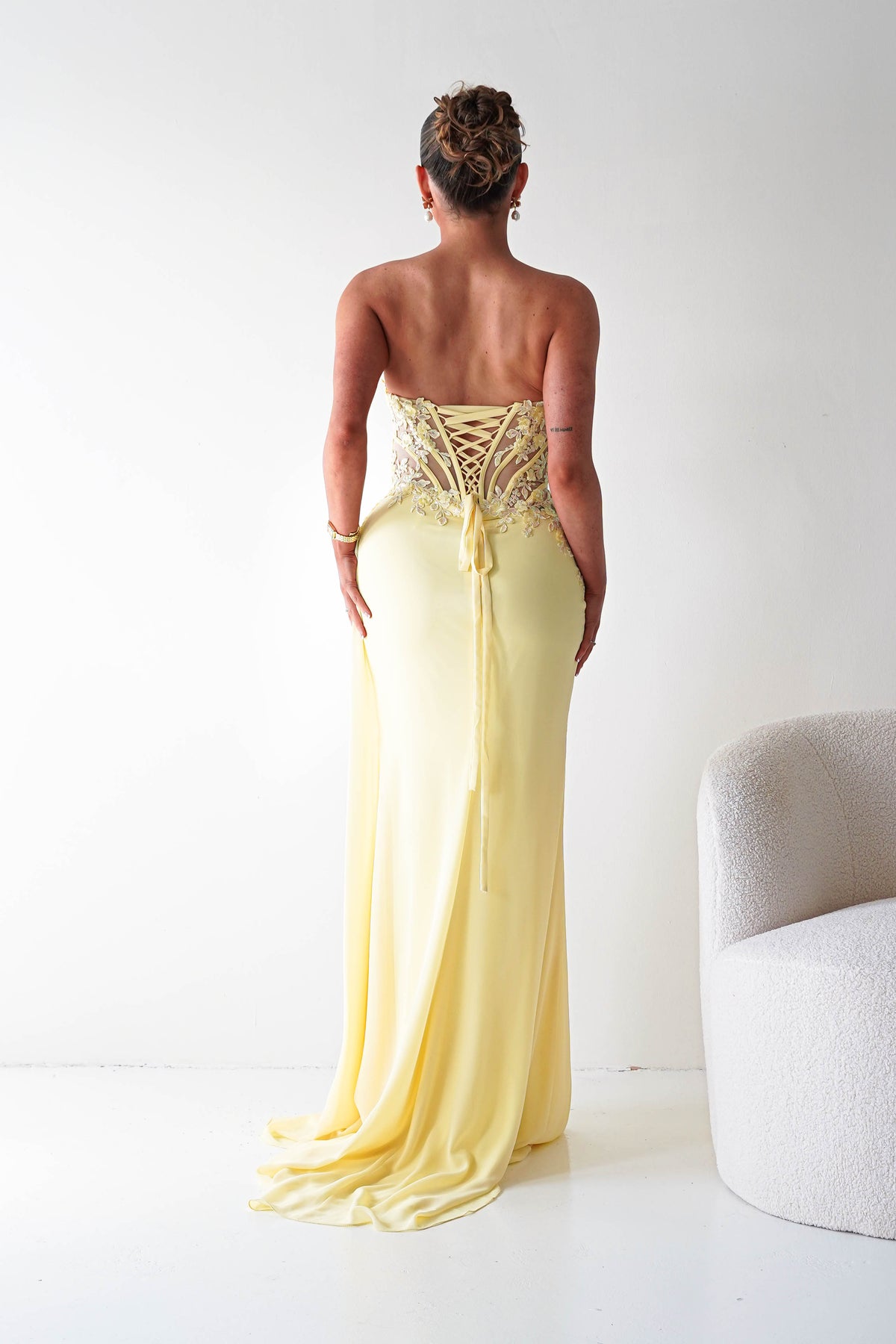 Ravina Strapless Lace Corset Maxi Gown | Yellow-Oh Hello Clothing