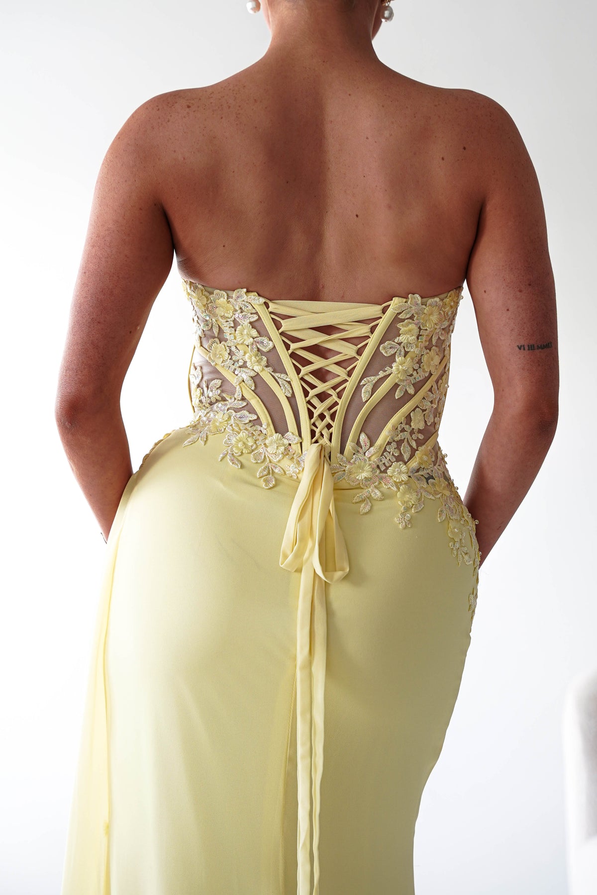 Ravina Strapless Lace Corset Maxi Gown | Yellow-Oh Hello Clothing