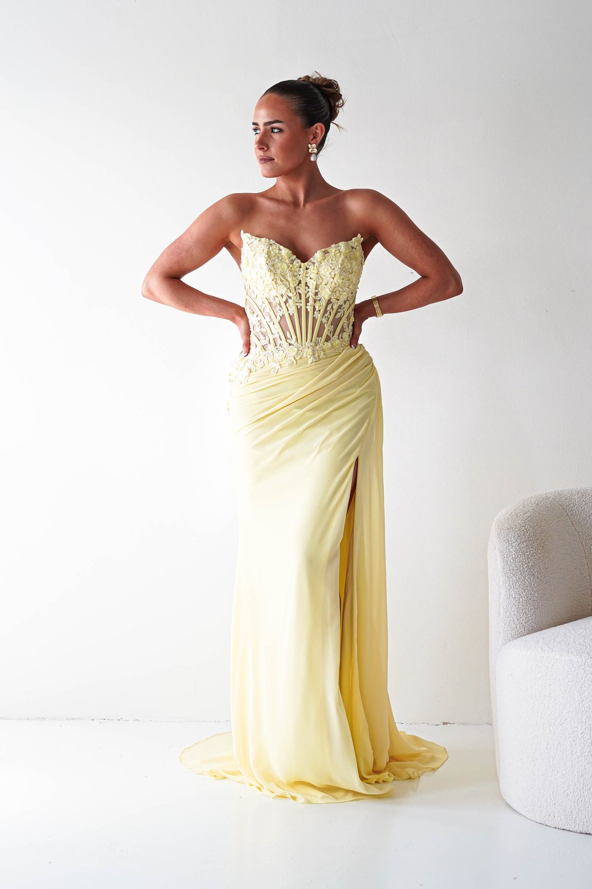 Ravina Strapless Lace Corset Maxi Gown | Yellow-Oh Hello Clothing