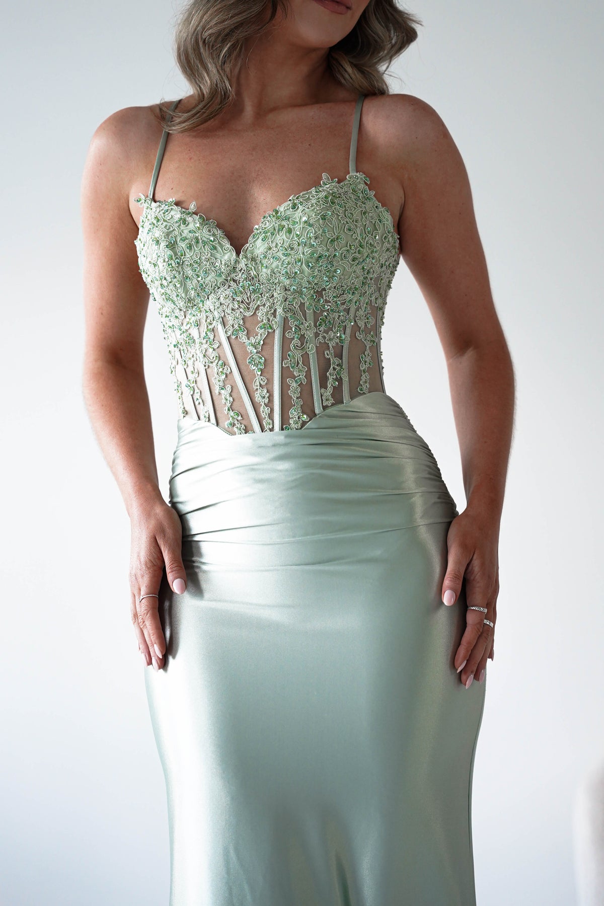 Raya Embellished Corset Gown | Sage Green-Oh Hello Clothing