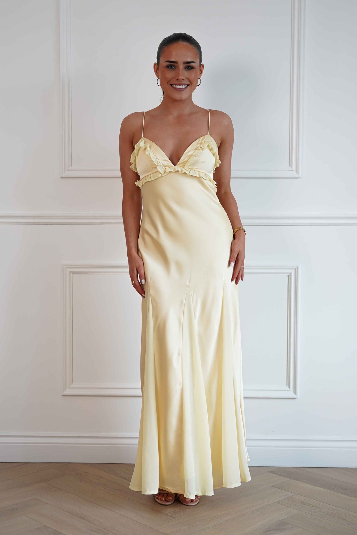 Remi Frill Trim Satin Maxi Dress | Yellow-Oh Hello Clothing