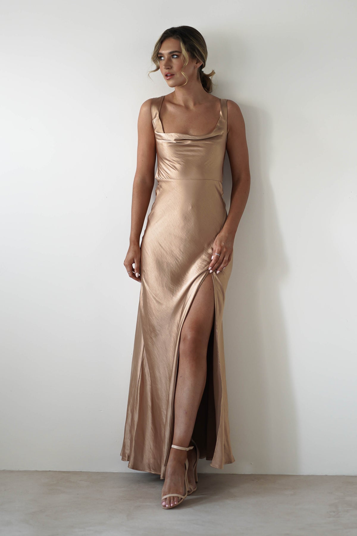 Riviera Soft Satin Maxi Gown | Gold/Bronze-Oh Hello Clothing