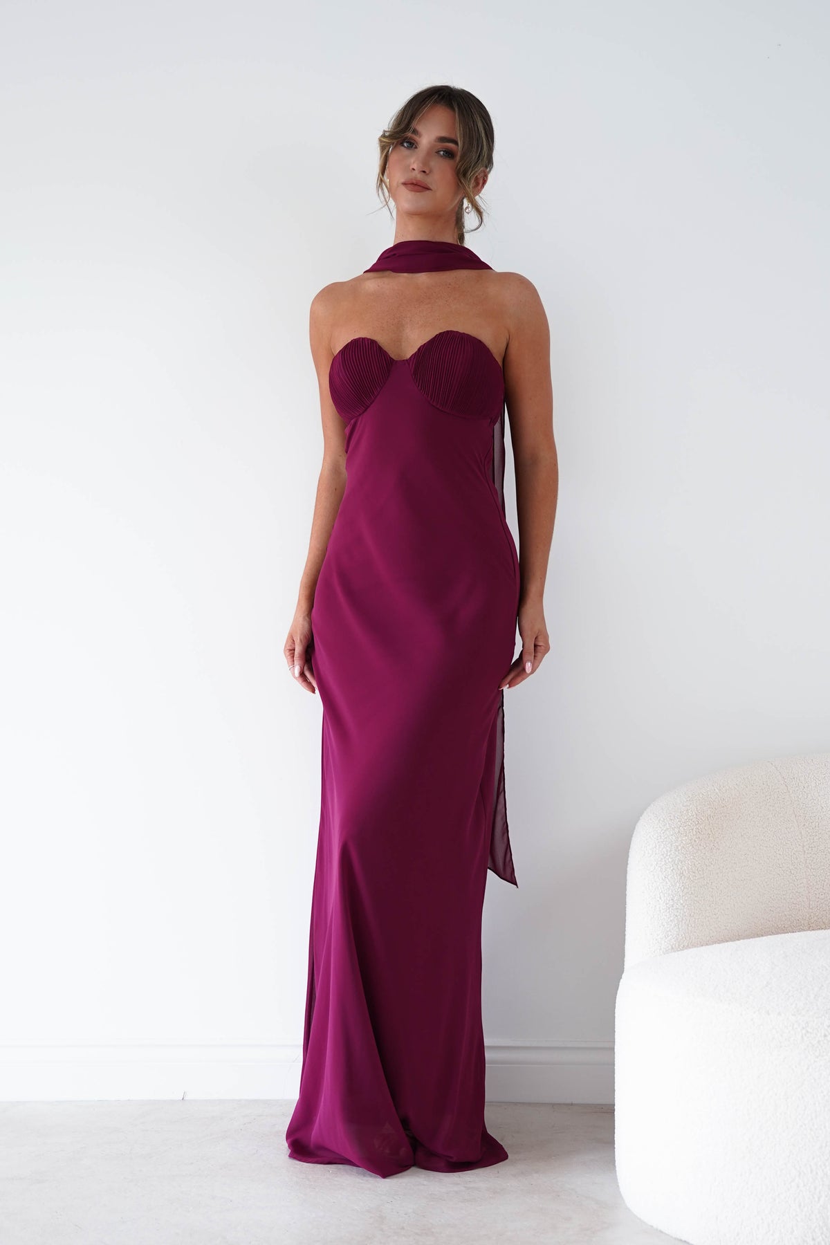 Robyn Strapless Chiffon Scarf Maxi Dress | Berry-Oh Hello Clothing