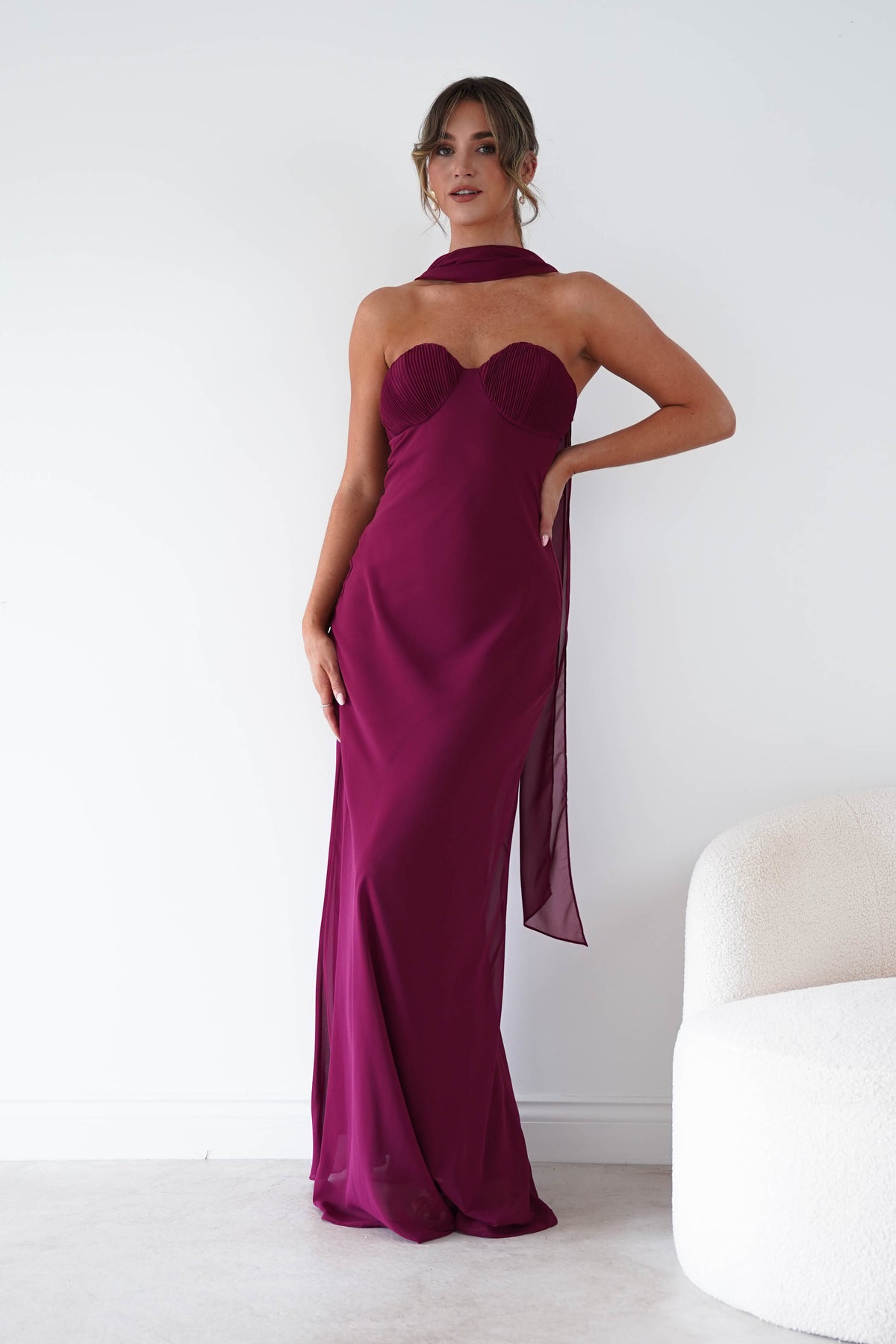 Robyn Strapless Chiffon Scarf Maxi Dress | Berry-Oh Hello Clothing