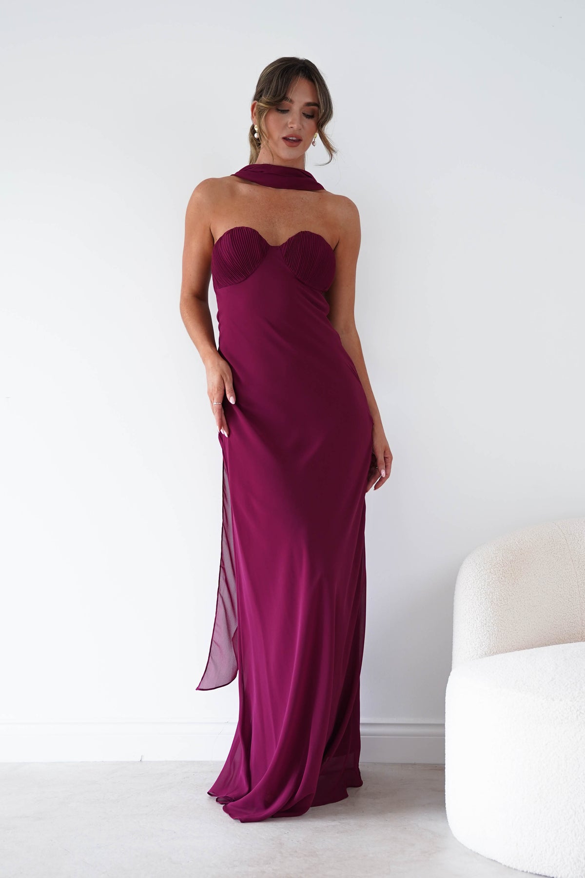Robyn Strapless Chiffon Scarf Maxi Dress | Berry-Oh Hello Clothing