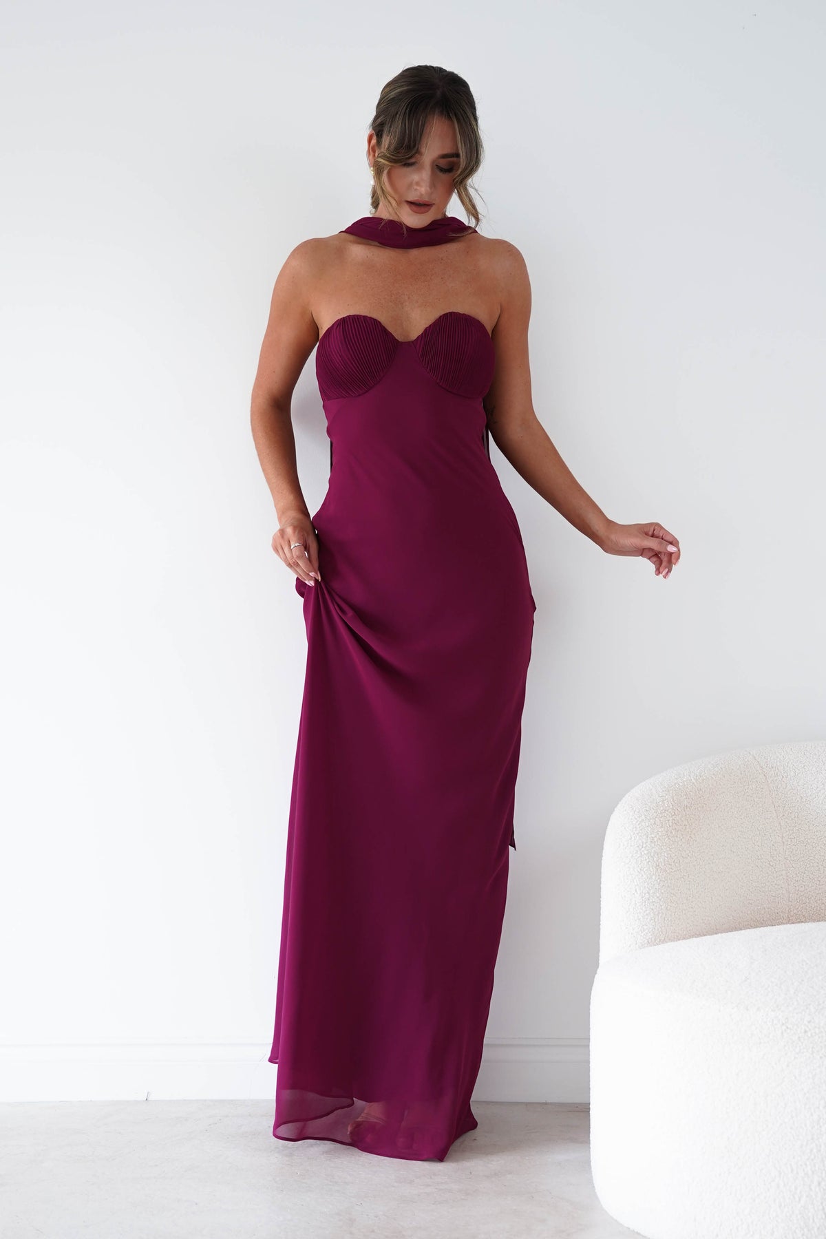 Robyn Strapless Chiffon Scarf Maxi Dress | Berry-Oh Hello Clothing