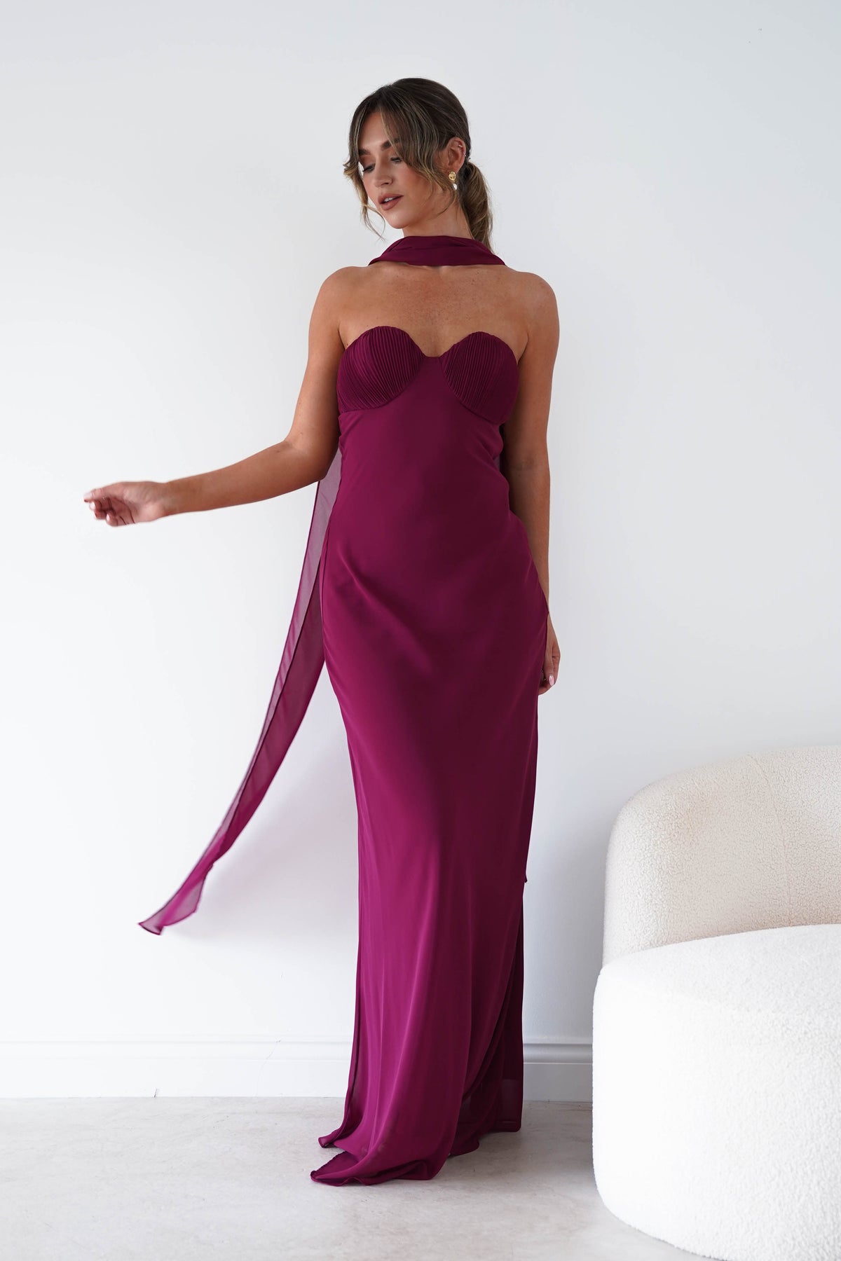 Robyn Strapless Chiffon Scarf Maxi Dress | Berry-Oh Hello Clothing