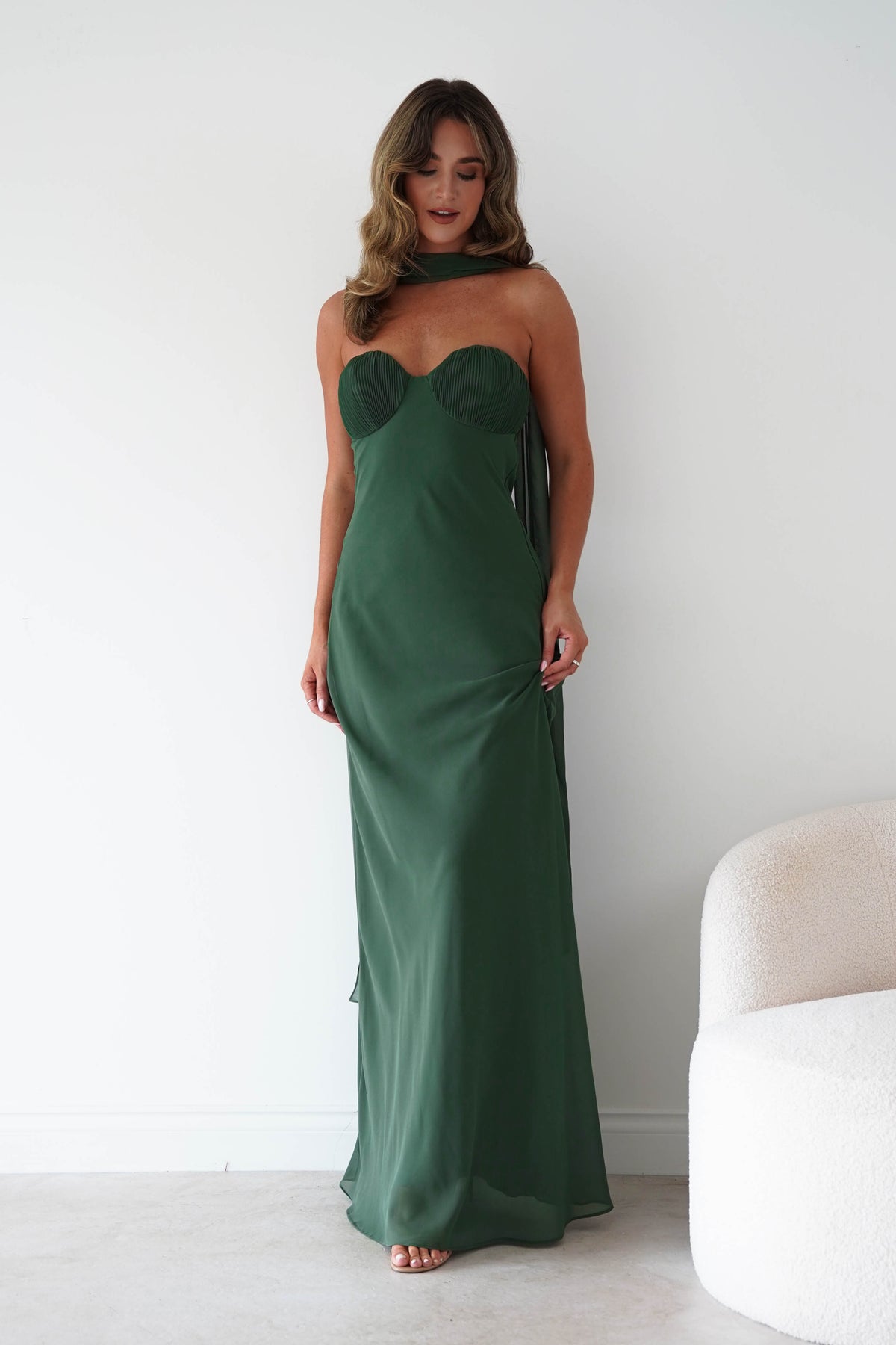Robyn Strapless Chiffon Scarf Maxi Dress | Green-Oh Hello Clothing