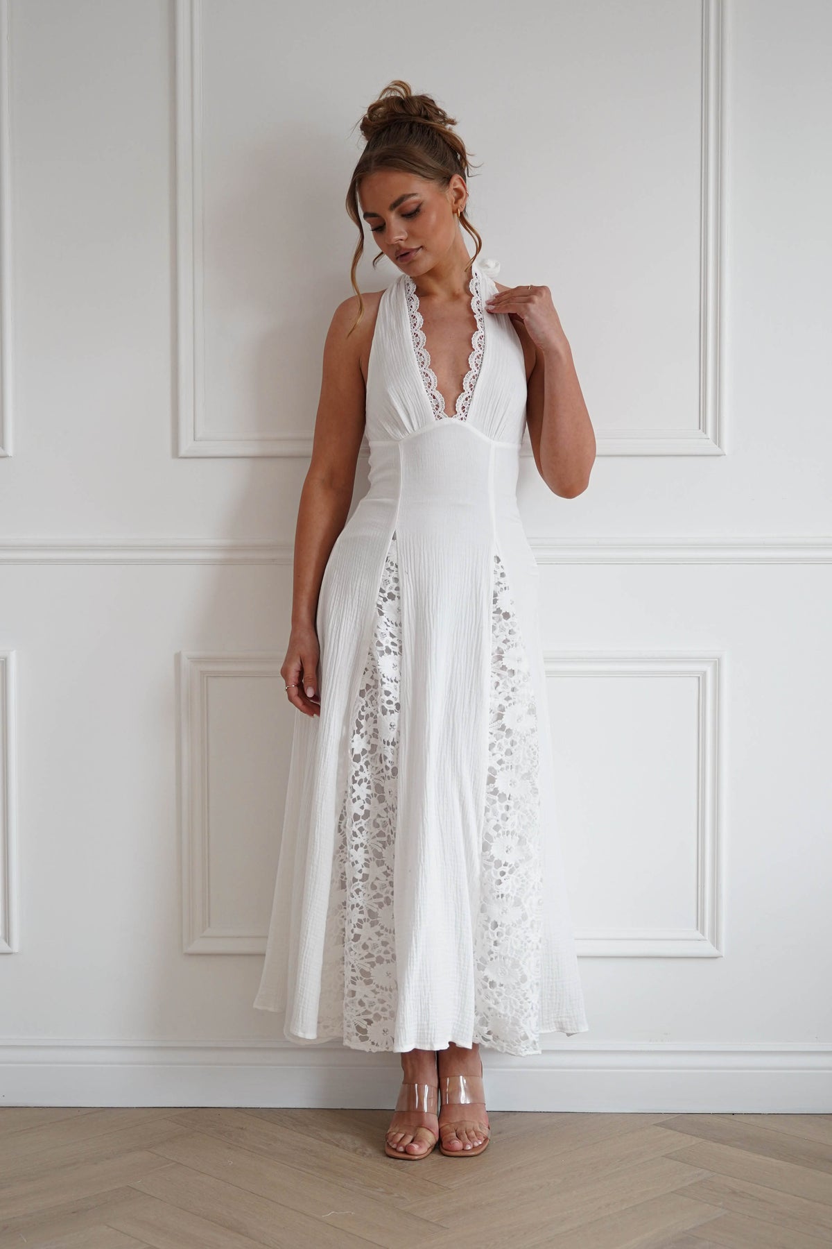 Romance Lace Trim Tie-Back Midi Dress | White-Oh Hello Clothing