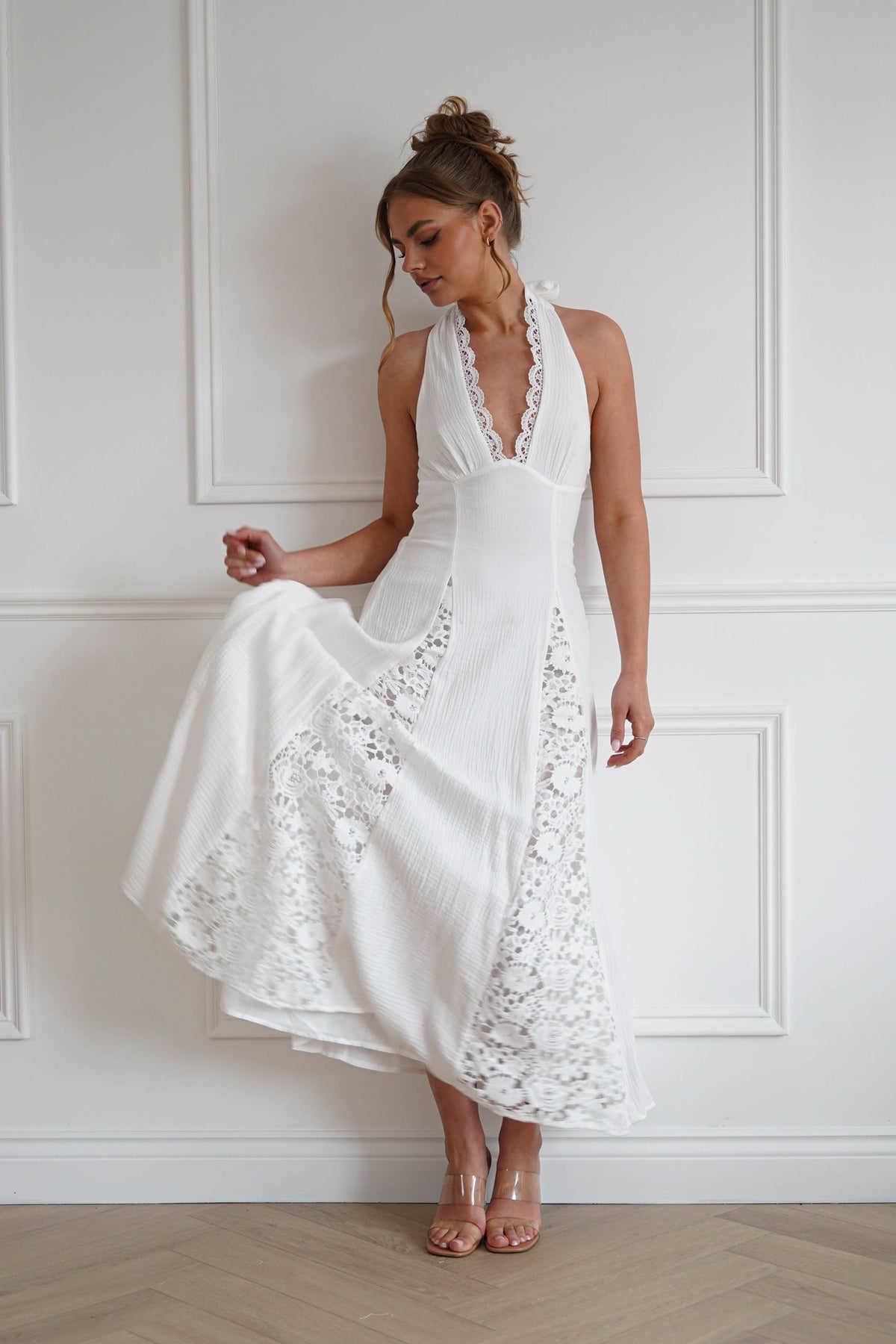 Romance Lace Trim Tie-Back Midi Dress | White-Oh Hello Clothing
