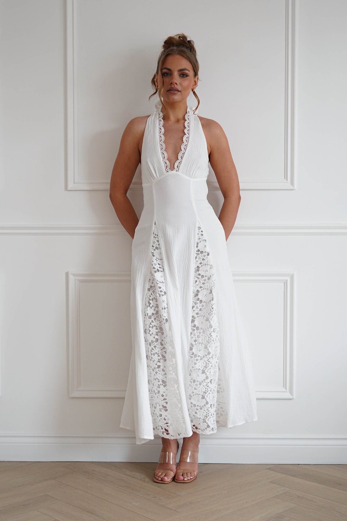 Romance Lace Trim Tie-Back Midi Dress | White-Oh Hello Clothing
