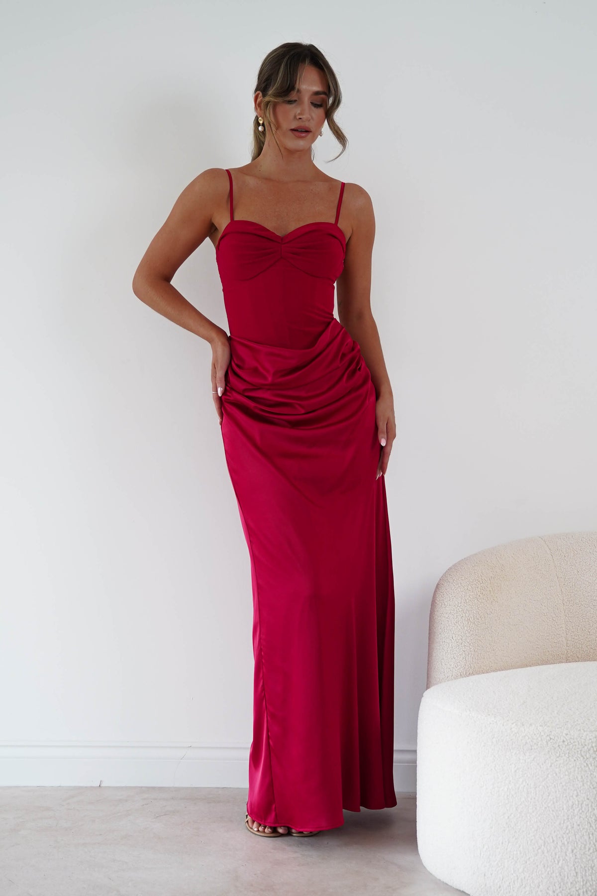 Rosa Satin Corset Draped Maxi Dress | Red-Oh Hello Clothing