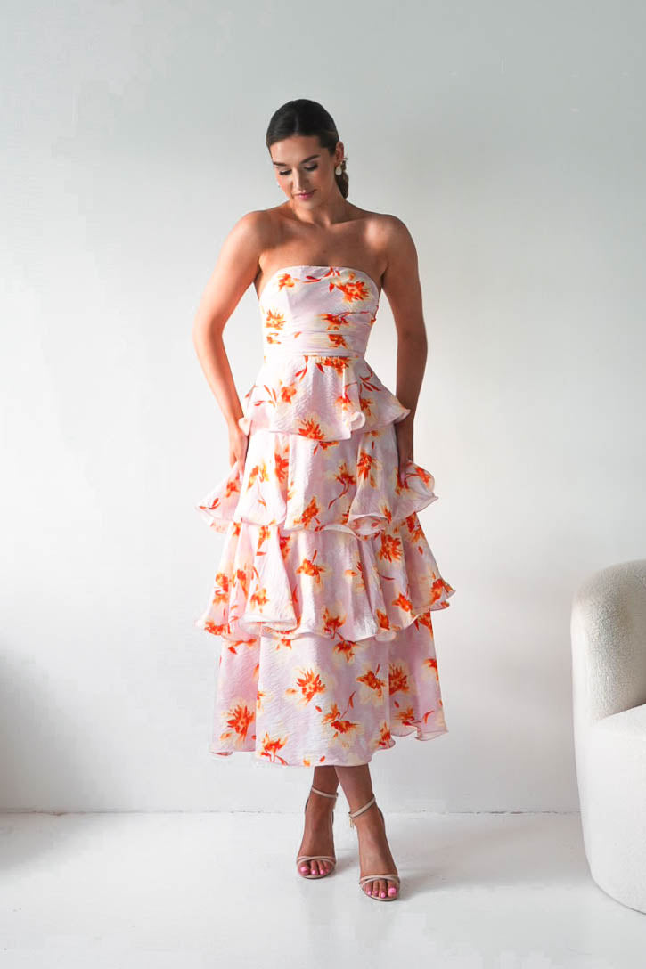 Rosha Floral Tiered Strapless Maxi Dress | Peach-Oh Hello Clothing