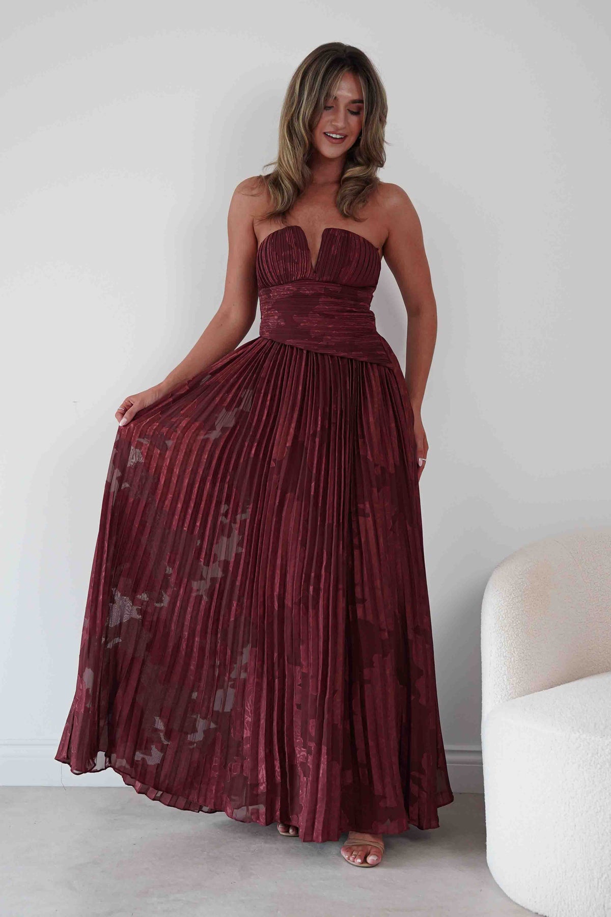 Rubi Floral Textured Ruffle Pleated Maxi Dress | Wine-Oh Hello Clothing
