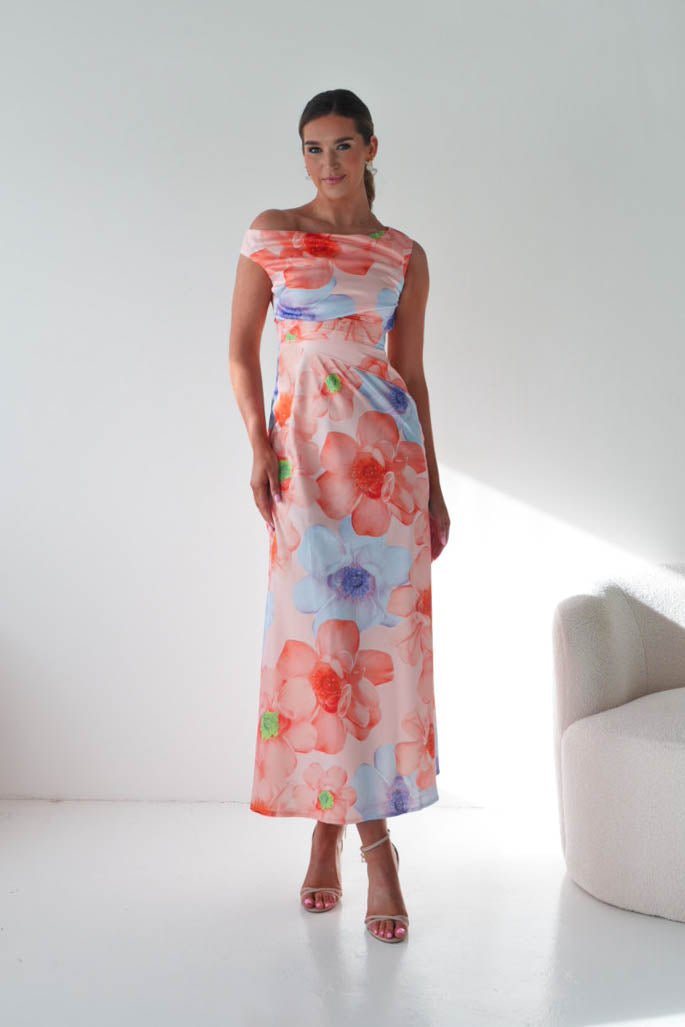 Rumi Floral Print Off The Shoulder Maxi | Orange/Lilac-Oh Hello Clothing