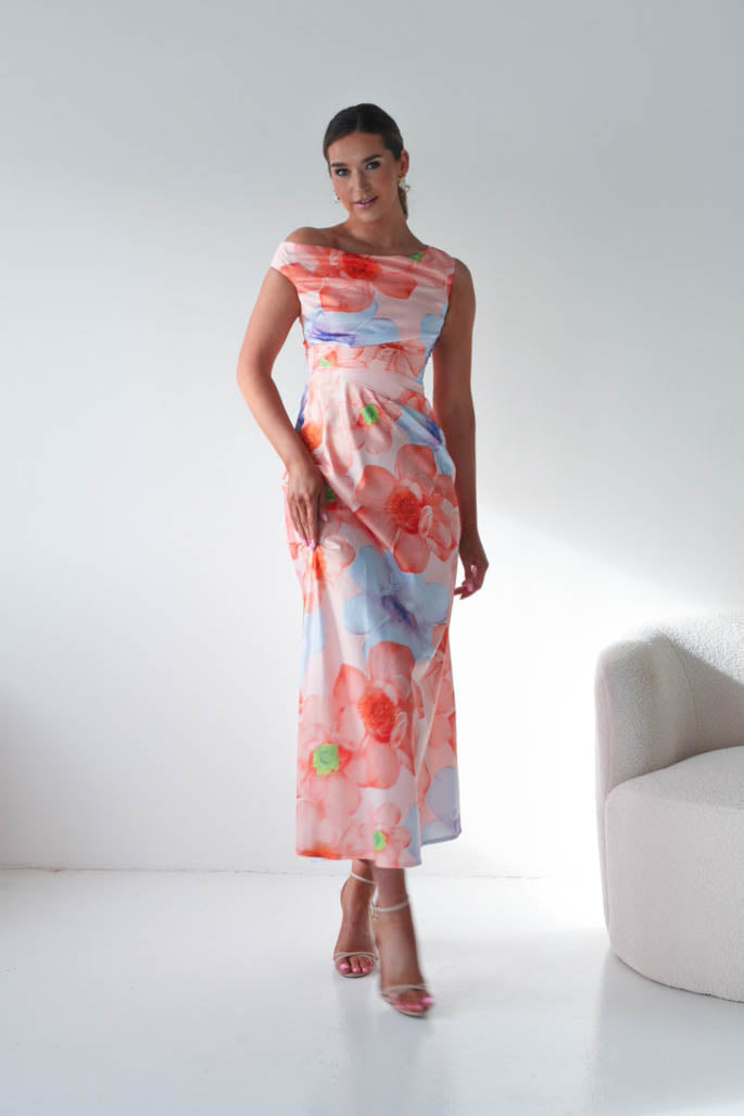 Rumi Floral Print Off The Shoulder Maxi | Orange/Lilac-Oh Hello Clothing