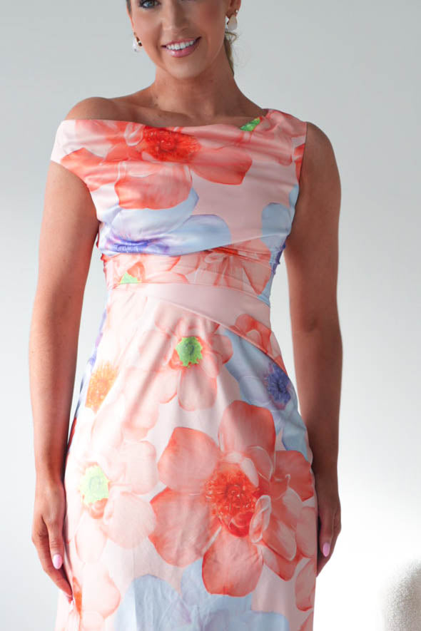 Rumi Floral Print Off The Shoulder Maxi | Orange/Lilac-Oh Hello Clothing