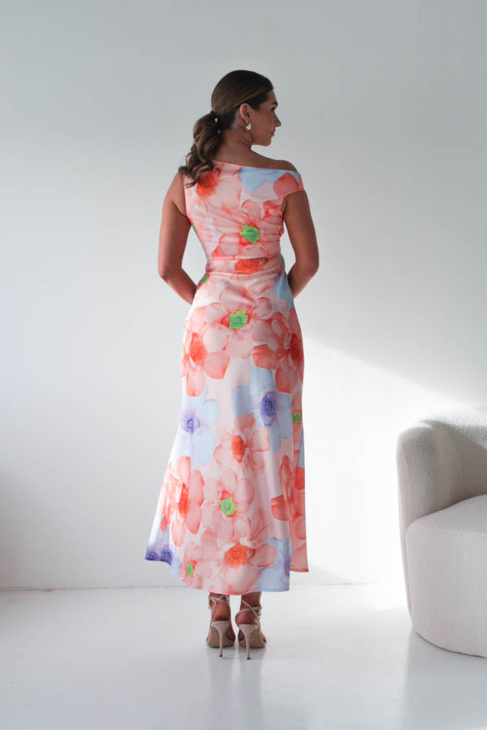 Rumi Floral Print Off The Shoulder Maxi | Orange/Lilac-Oh Hello Clothing