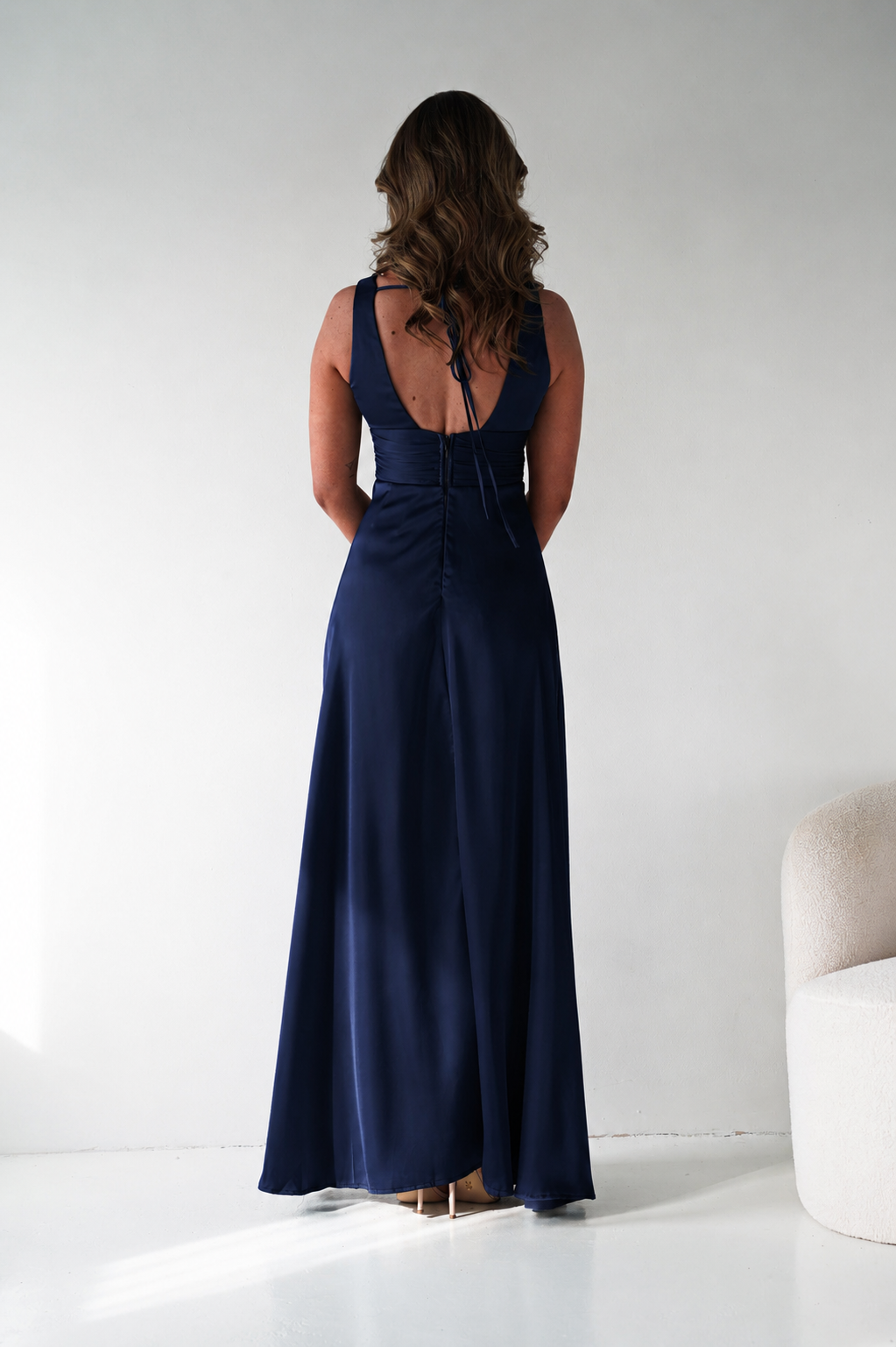 Saffron V-Neck Soft Satin Maxi Dress | Navy-Oh Hello Clothing
