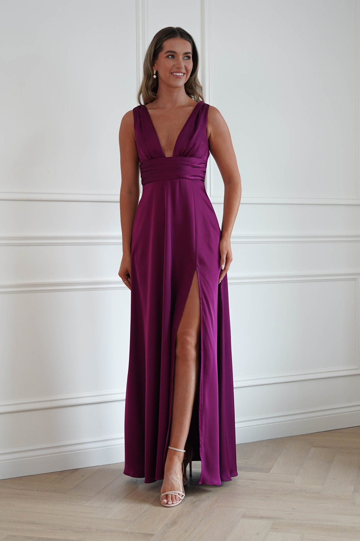 Oh Hello Clothing Women > Clothing > Dresses Saffron V-Neck Soft Satin Maxi Dress | Plum