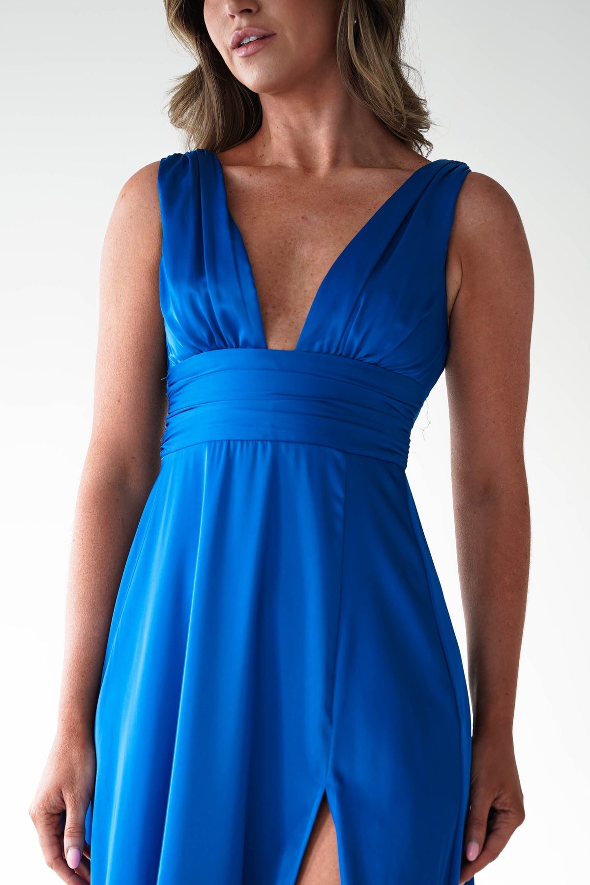 Saffron V-Neck Soft Satin Maxi Dress | Royal Blue-Oh Hello Clothing