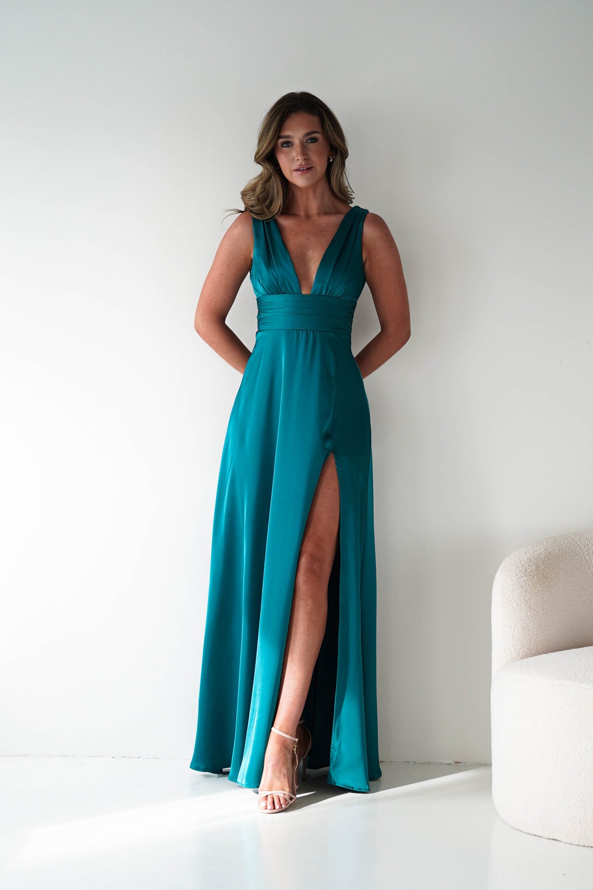 Saffron V-Neck Soft Satin Maxi Dress | Teal-Oh Hello Clothing