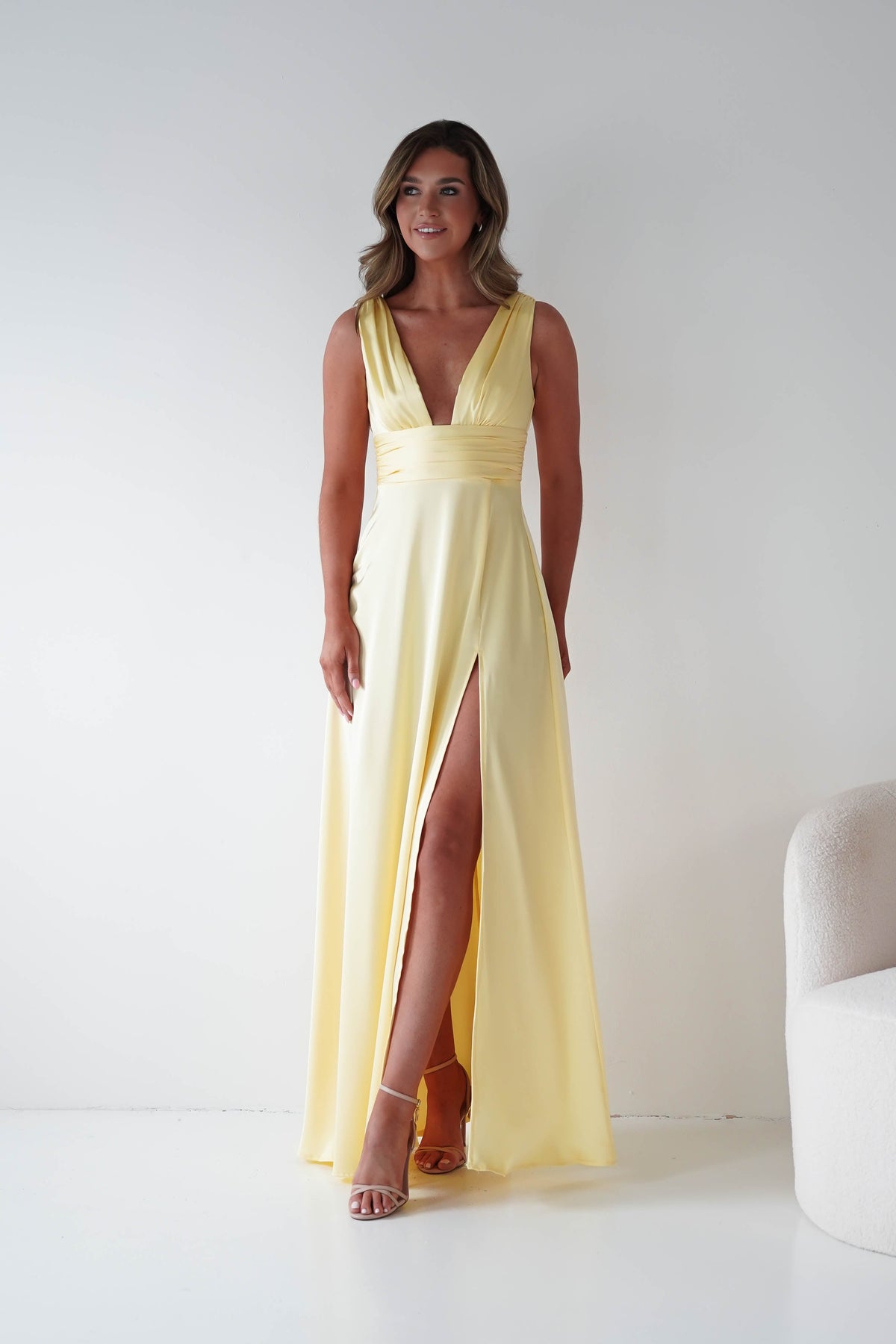 Saffron V-Neck Soft Satin Maxi Dress | Yellow-Oh Hello Clothing
