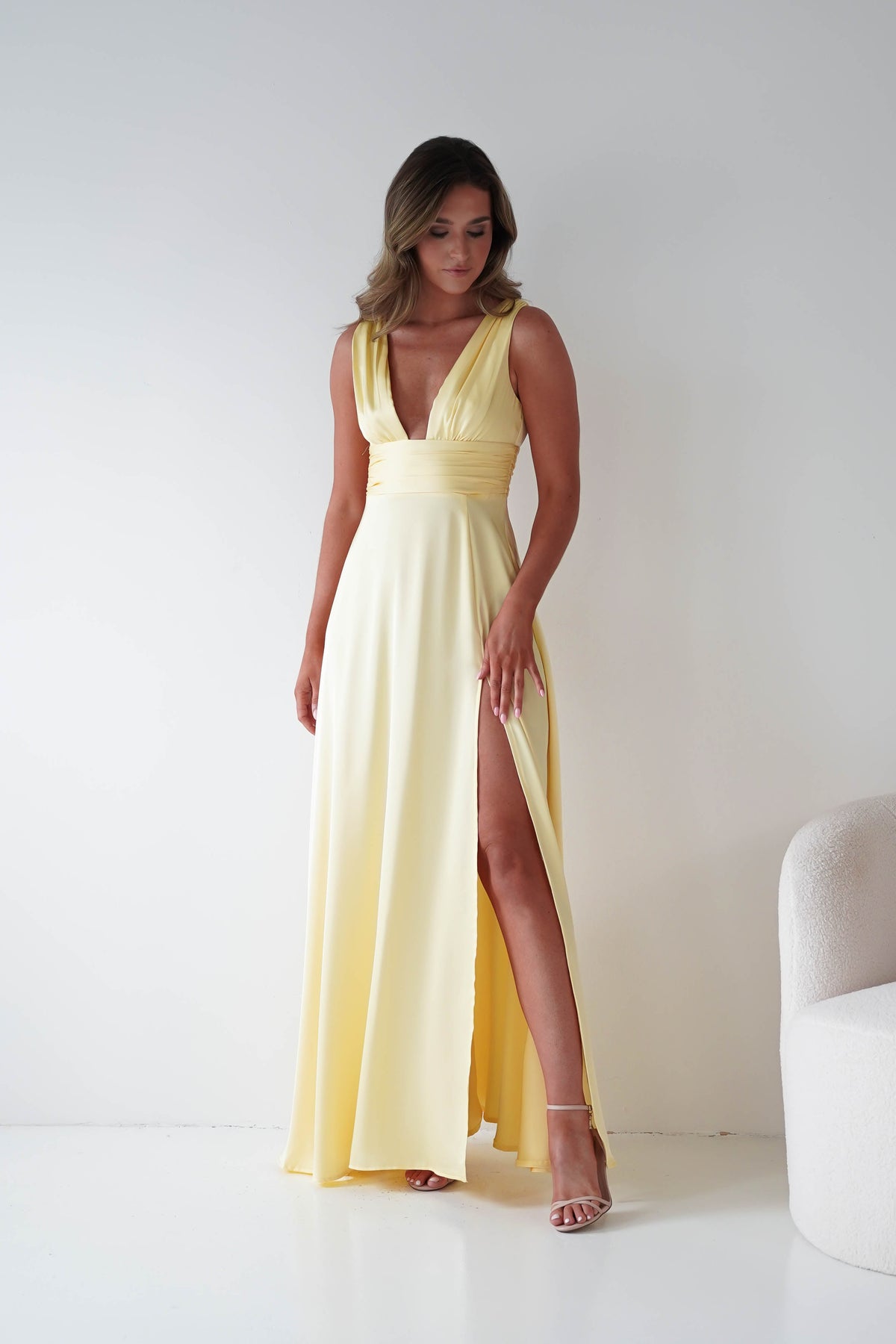 Saffron V-Neck Soft Satin Maxi Dress | Yellow-Oh Hello Clothing