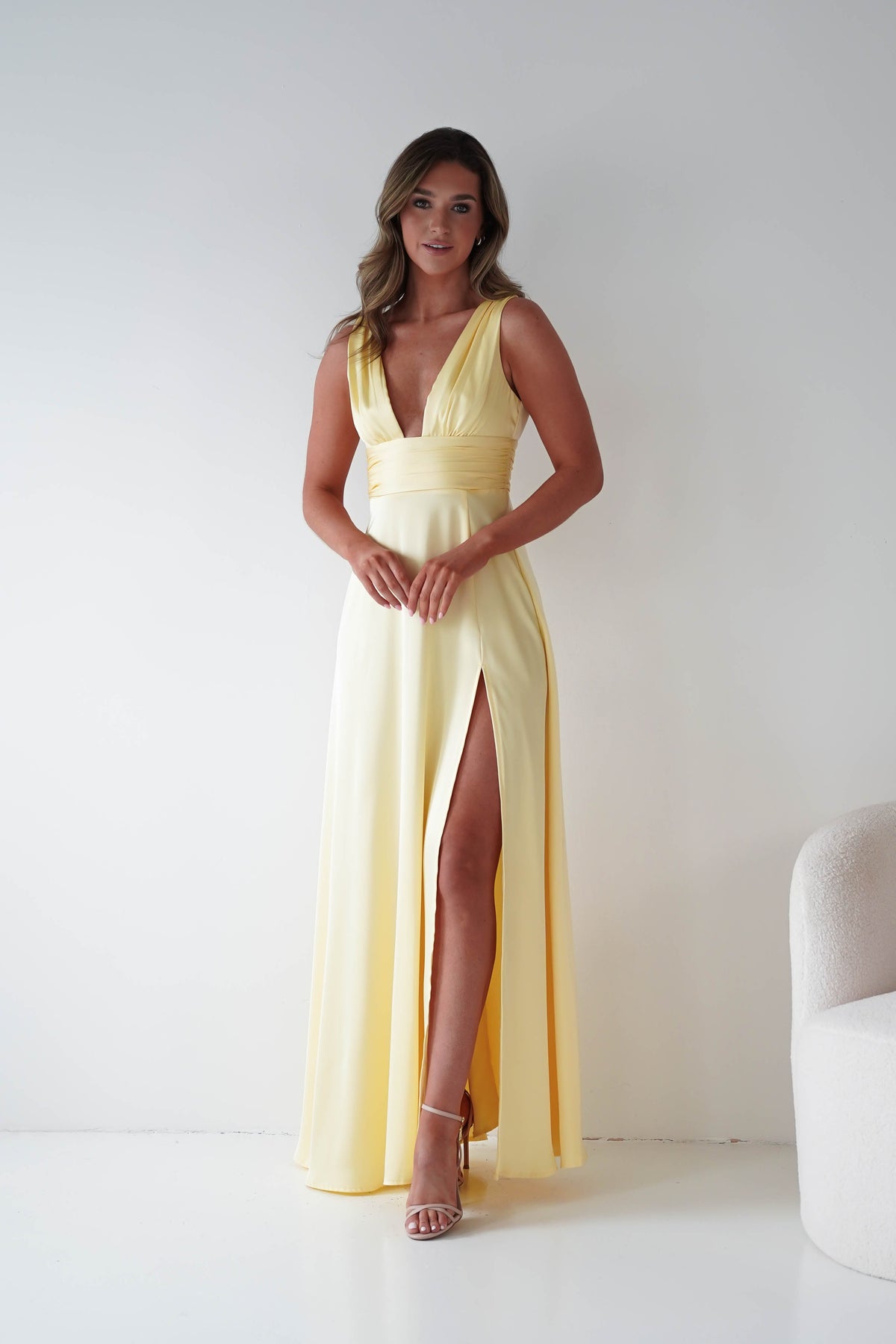 Saffron V-Neck Soft Satin Maxi Dress | Yellow-Oh Hello Clothing