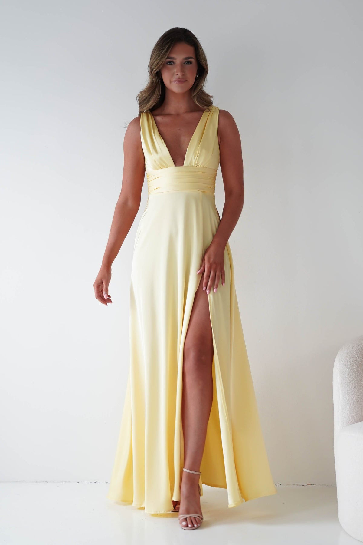 Saffron V-Neck Soft Satin Maxi Dress | Yellow-Oh Hello Clothing