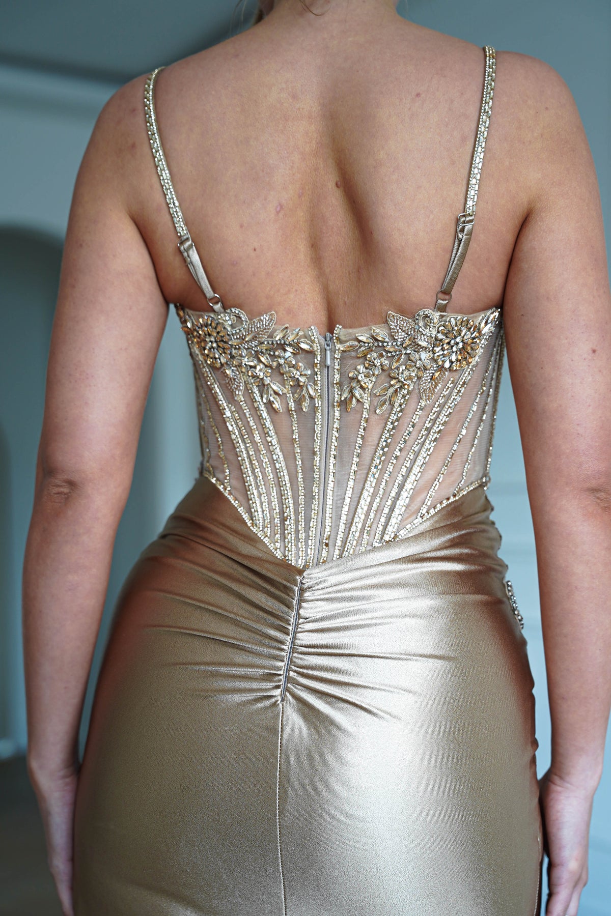 Sahara Embellished Corset Satin Gown | Dark Gold-Oh Hello Clothing
