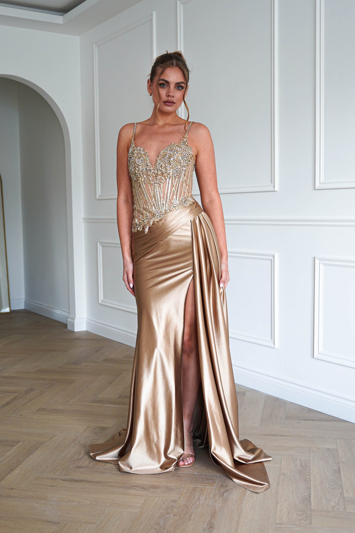 Sahara Embellished Corset Satin Gown | Dark Gold-Oh Hello Clothing