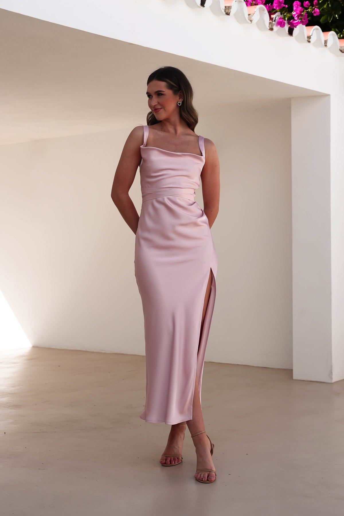 Salma Soft Matte Satin Midaxi Dress | Blush Pink-Oh Hello Clothing